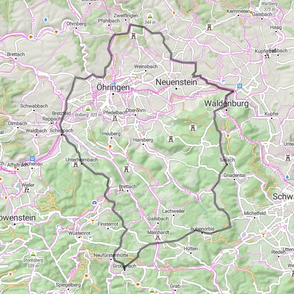 Karten-Miniaturansicht der Radinspiration "Panoramastraßen in der Umgebung von Großerlach" in Stuttgart, Germany. Erstellt vom Tarmacs.app-Routenplaner für Radtouren