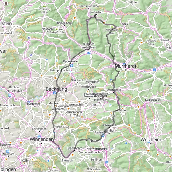 Karten-Miniaturansicht der Radinspiration "Radtour mit Panoramablick um Großerlach - Road" in Stuttgart, Germany. Erstellt vom Tarmacs.app-Routenplaner für Radtouren