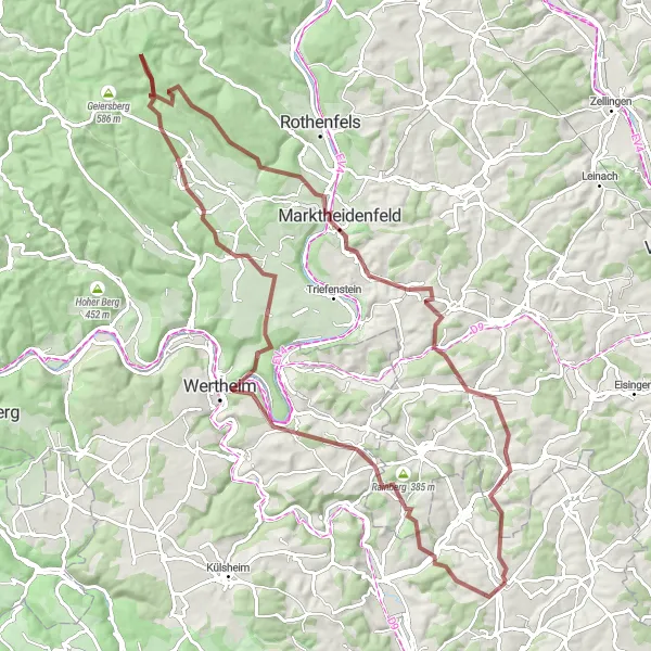 Map miniature of "Gravel Adventure: Großrinderfeld to Mainberg" cycling inspiration in Stuttgart, Germany. Generated by Tarmacs.app cycling route planner