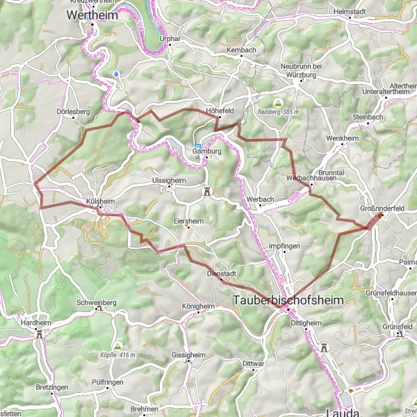 Map miniature of "Großrinderfeld Gravel Adventure" cycling inspiration in Stuttgart, Germany. Generated by Tarmacs.app cycling route planner
