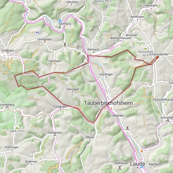 Map miniature of "Großrinderfeld Gravel Exploration" cycling inspiration in Stuttgart, Germany. Generated by Tarmacs.app cycling route planner