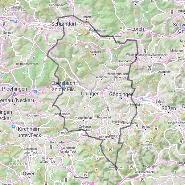 Map miniature of "Wiesenberg and Fils Valley" cycling inspiration in Stuttgart, Germany. Generated by Tarmacs.app cycling route planner