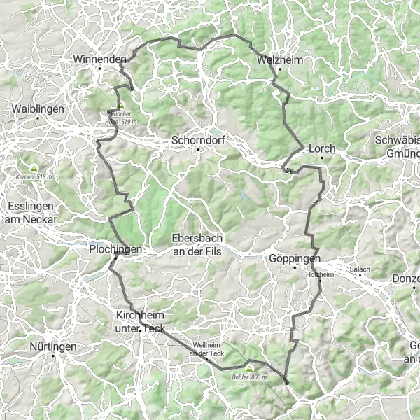 Map miniature of "Hills and Landmarks" cycling inspiration in Stuttgart, Germany. Generated by Tarmacs.app cycling route planner