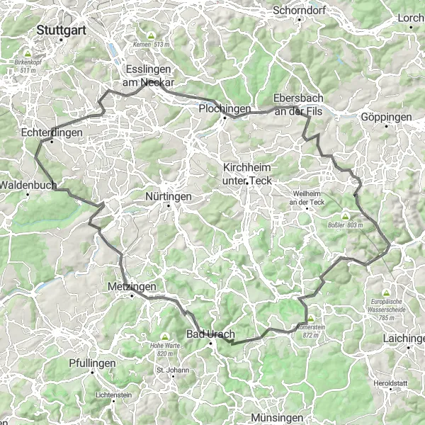 Map miniature of "Alb Climber's Challenge" cycling inspiration in Stuttgart, Germany. Generated by Tarmacs.app cycling route planner