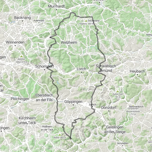 Map miniature of "Pleasurable Rolling Hills" cycling inspiration in Stuttgart, Germany. Generated by Tarmacs.app cycling route planner