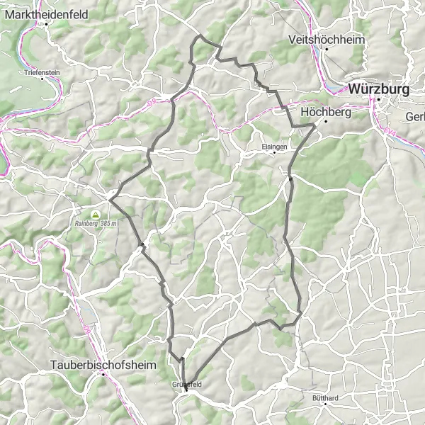 Karten-Miniaturansicht der Radinspiration "Rundtour Grünsfeld: Von idyllischen Dörfern zu beeindruckenden Ausblicken" in Stuttgart, Germany. Erstellt vom Tarmacs.app-Routenplaner für Radtouren