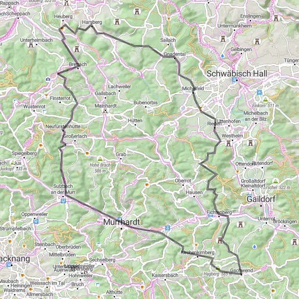 Karten-Miniaturansicht der Radinspiration "Rundtour zum Hagbergturm und Burg Maienfels" in Stuttgart, Germany. Erstellt vom Tarmacs.app-Routenplaner für Radtouren