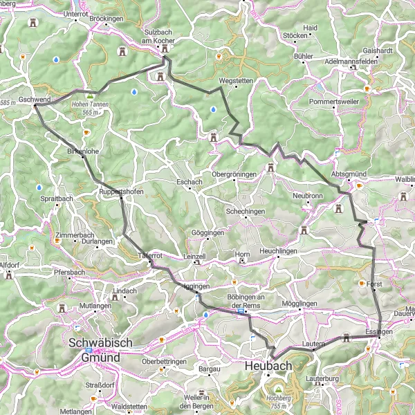 Karten-Miniaturansicht der Radinspiration "Radtour durch Hohe Tannen und den Rosenstein" in Stuttgart, Germany. Erstellt vom Tarmacs.app-Routenplaner für Radtouren