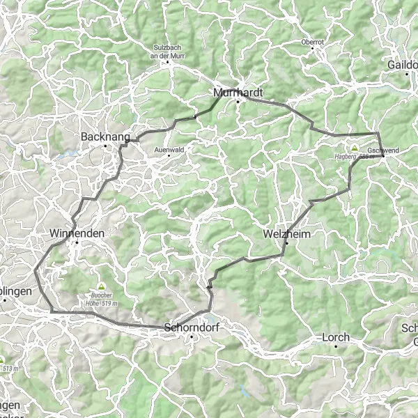 Karten-Miniaturansicht der Radinspiration "Die Hügelrunde um Gschwend" in Stuttgart, Germany. Erstellt vom Tarmacs.app-Routenplaner für Radtouren