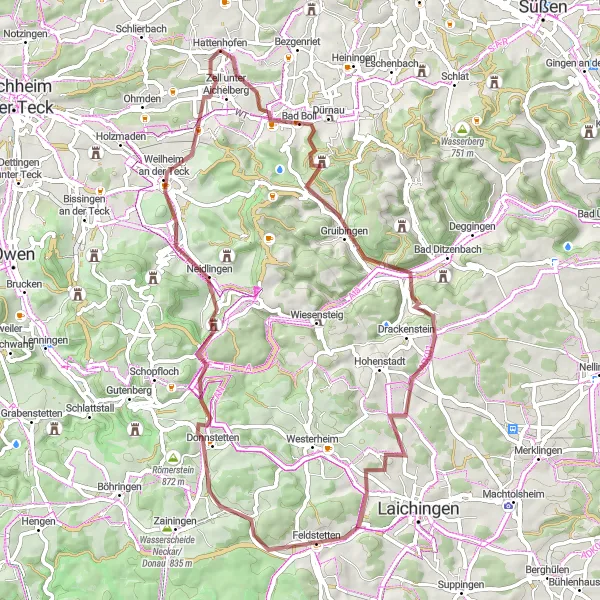 Map miniature of "Gruibingen and Wasserscheide Neckar/Donau Gravel Tour" cycling inspiration in Stuttgart, Germany. Generated by Tarmacs.app cycling route planner