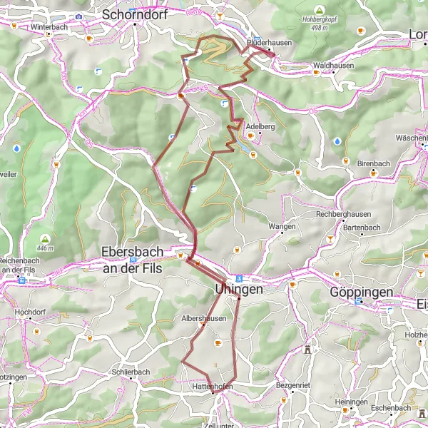 Map miniature of "Uhingen and Albershausen Gravel Adventure" cycling inspiration in Stuttgart, Germany. Generated by Tarmacs.app cycling route planner