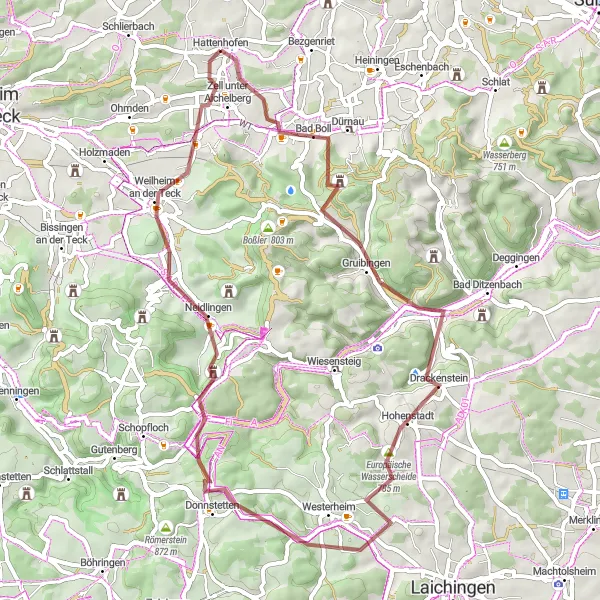 Map miniature of "Gravel and Nature Exploration" cycling inspiration in Stuttgart, Germany. Generated by Tarmacs.app cycling route planner
