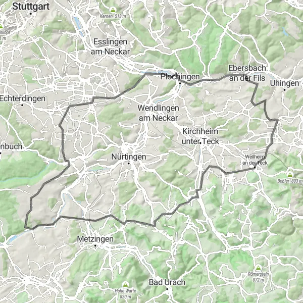 Karten-Miniaturansicht der Radinspiration "Road-Tour nach Ebersbach an der Fils und Hattenhofen" in Stuttgart, Germany. Erstellt vom Tarmacs.app-Routenplaner für Radtouren