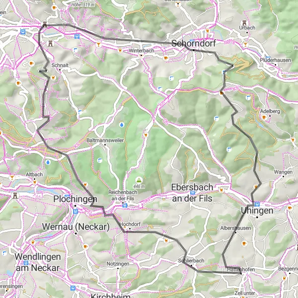 Karten-Miniaturansicht der Radinspiration "Genussvolle Radrunde durch das Remstal" in Stuttgart, Germany. Erstellt vom Tarmacs.app-Routenplaner für Radtouren