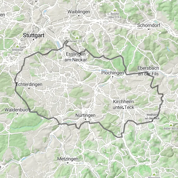Map miniature of "Discovering Ebersbach an der Fils and Baltmannsweiler Road Tour" cycling inspiration in Stuttgart, Germany. Generated by Tarmacs.app cycling route planner