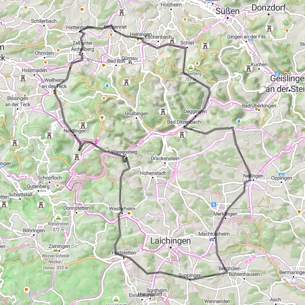 Map miniature of "Heiningen to Weilheim an der Teck Road Loop" cycling inspiration in Stuttgart, Germany. Generated by Tarmacs.app cycling route planner