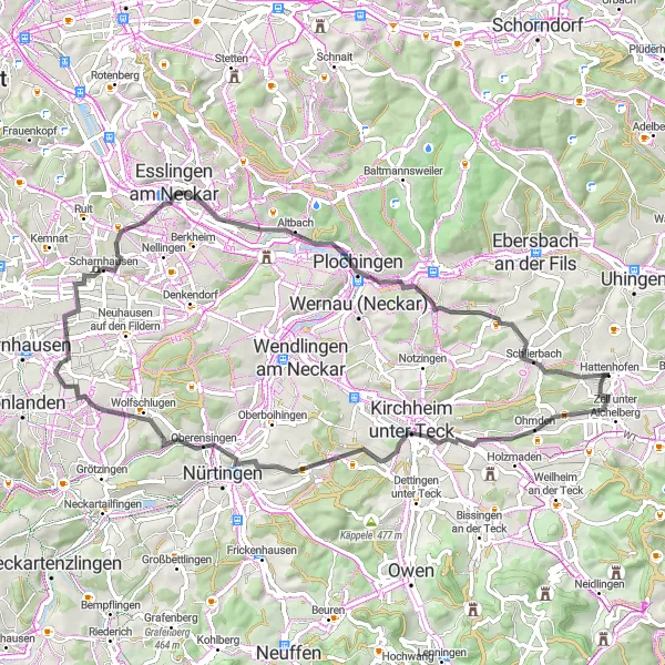 Map miniature of "Stuttgart-Hattenhofen-Zell unter Aichelberg-Kirchheim unter Teck-Steinenberg-Wolfschlugen-Benzberg-Esslingen am Neckar-Altbach" cycling inspiration in Stuttgart, Germany. Generated by Tarmacs.app cycling route planner