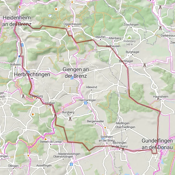 Map miniature of "Scenic Gravel Cycling Tour near Heidenheim an der Brenz" cycling inspiration in Stuttgart, Germany. Generated by Tarmacs.app cycling route planner