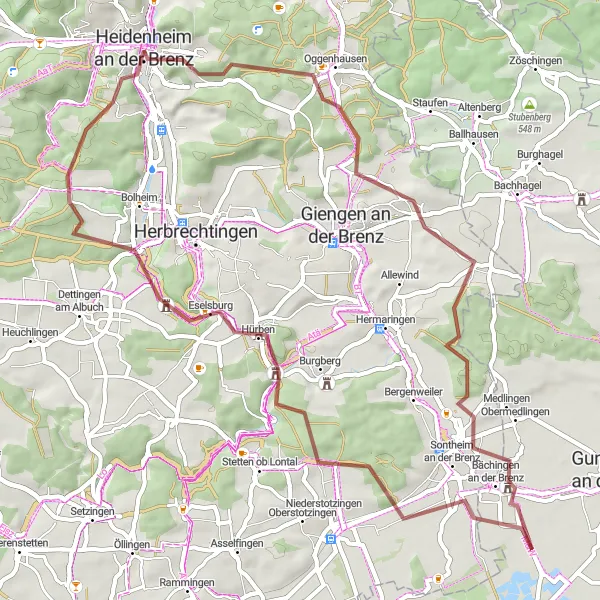 Map miniature of "Heidenheim Gravel Adventure" cycling inspiration in Stuttgart, Germany. Generated by Tarmacs.app cycling route planner