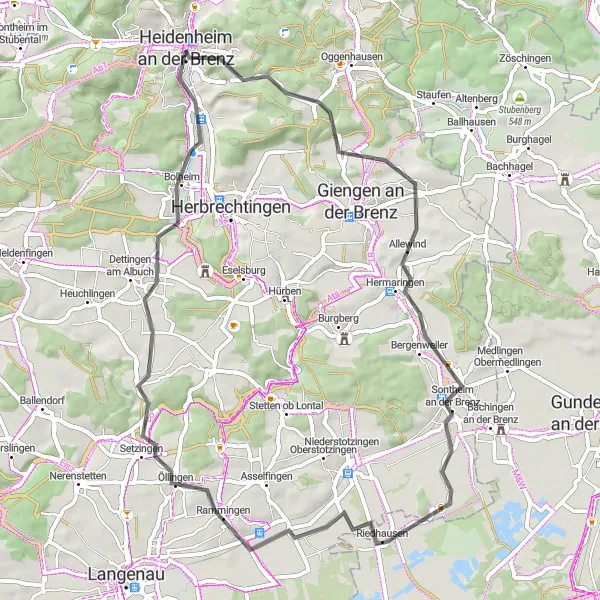 Map miniature of "Road Cycling Adventure around Heidenheim an der Brenz" cycling inspiration in Stuttgart, Germany. Generated by Tarmacs.app cycling route planner