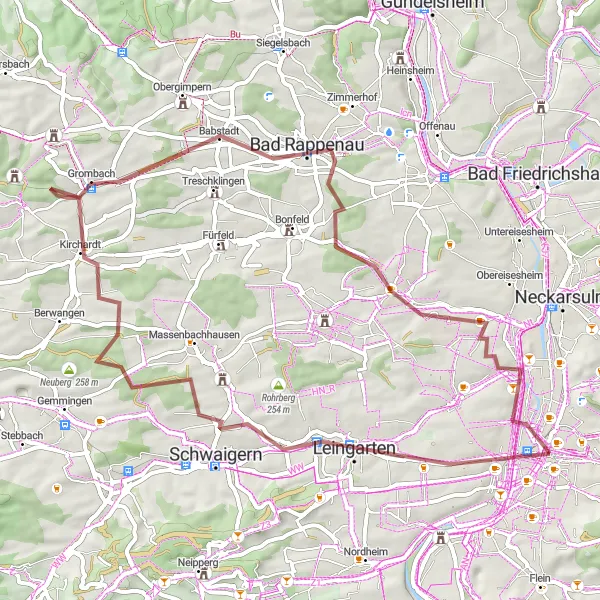 Map miniature of "Gravel Tour through Leingarten and Bad Rappenau" cycling inspiration in Stuttgart, Germany. Generated by Tarmacs.app cycling route planner