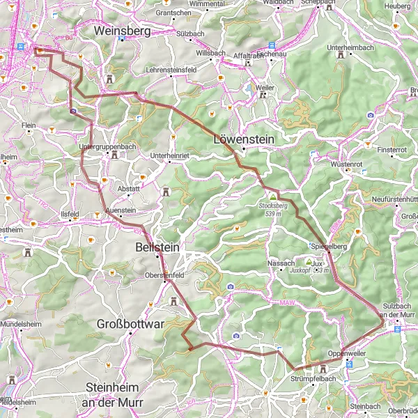 Map miniature of "Nature's Beauty and Peaceful Villages" cycling inspiration in Stuttgart, Germany. Generated by Tarmacs.app cycling route planner