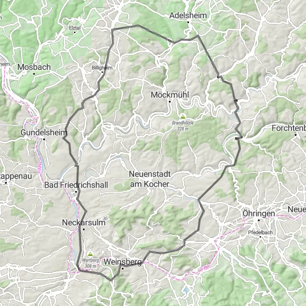 Karten-Miniaturansicht der Radinspiration "Rundfahrt um Heilbronn" in Stuttgart, Germany. Erstellt vom Tarmacs.app-Routenplaner für Radtouren