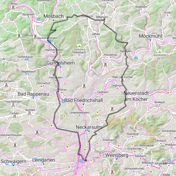 Map miniature of "Panoramic Hills and Historic Towns" cycling inspiration in Stuttgart, Germany. Generated by Tarmacs.app cycling route planner