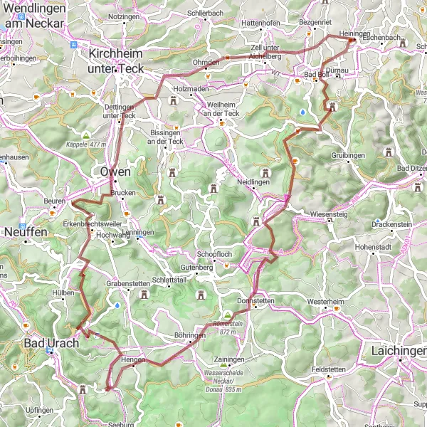 Map miniature of "Discover the Charming Gravel Paths of Heiningen" cycling inspiration in Stuttgart, Germany. Generated by Tarmacs.app cycling route planner