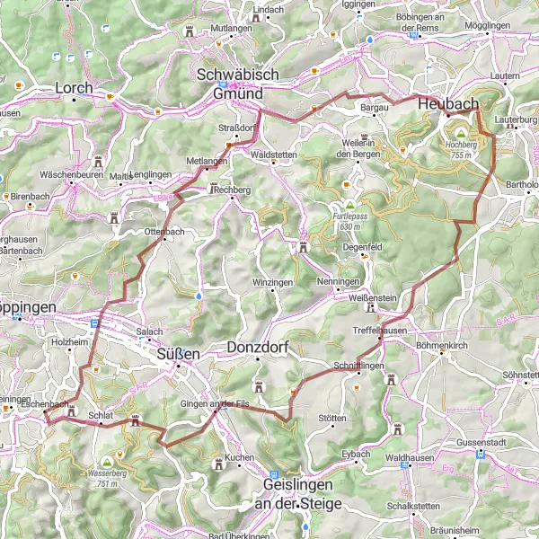 Karten-Miniaturansicht der Radinspiration "Abenteuerliche Gravelroute durch Ottenbach und Burren" in Stuttgart, Germany. Erstellt vom Tarmacs.app-Routenplaner für Radtouren