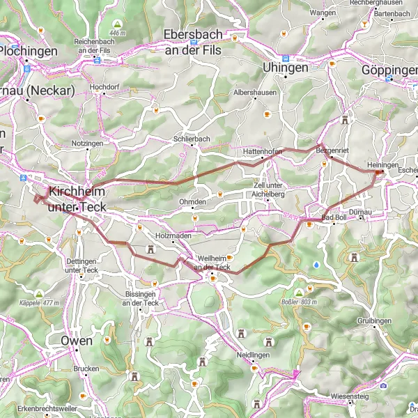 Map miniature of "Discover the Scenic Side of Heiningen on Gravel" cycling inspiration in Stuttgart, Germany. Generated by Tarmacs.app cycling route planner