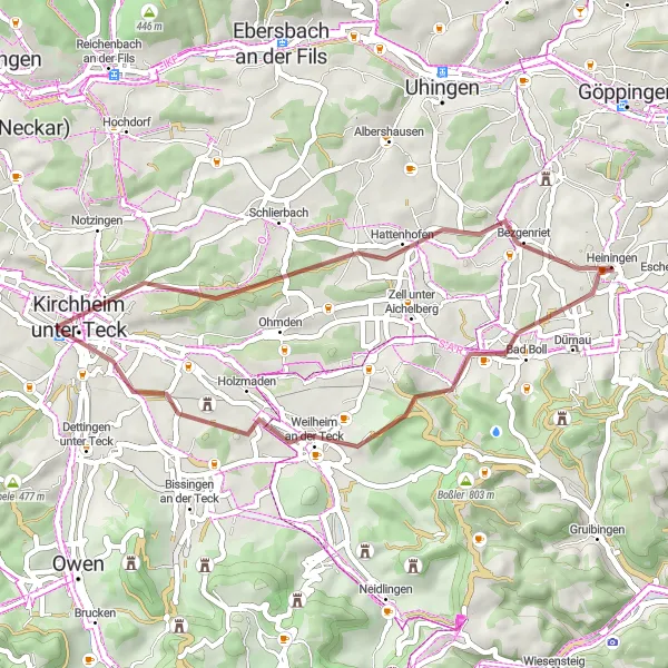 Map miniature of "Heiningen to Schopflenberg" cycling inspiration in Stuttgart, Germany. Generated by Tarmacs.app cycling route planner