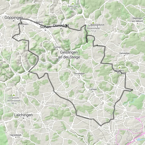 Map miniature of "Göppingen to Wasserberg" cycling inspiration in Stuttgart, Germany. Generated by Tarmacs.app cycling route planner