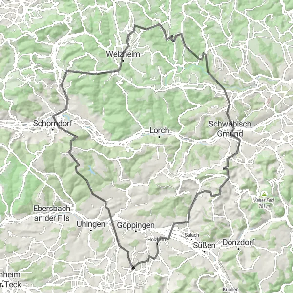 Karten-Miniaturansicht der Radinspiration "Roadbike-Tour durch Schwäbisch Gmünd und Eislingen/Fils" in Stuttgart, Germany. Erstellt vom Tarmacs.app-Routenplaner für Radtouren