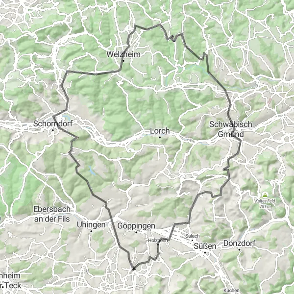 Map miniature of "Road Cycling Delight near Heiningen" cycling inspiration in Stuttgart, Germany. Generated by Tarmacs.app cycling route planner