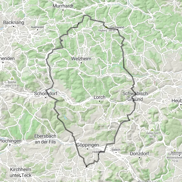 Karten-Miniaturansicht der Radinspiration "Roadbike-Highlights von Heiningen nach Gschwend" in Stuttgart, Germany. Erstellt vom Tarmacs.app-Routenplaner für Radtouren