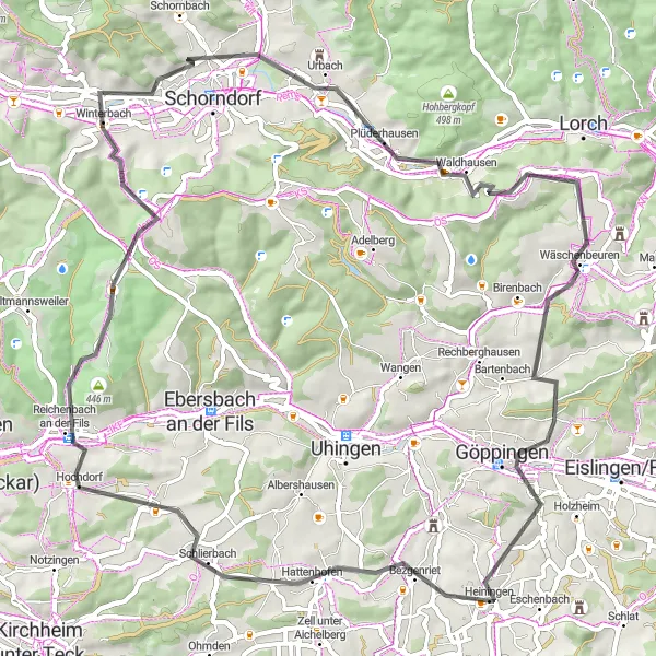 Map miniature of "Göppingen to Urbach" cycling inspiration in Stuttgart, Germany. Generated by Tarmacs.app cycling route planner