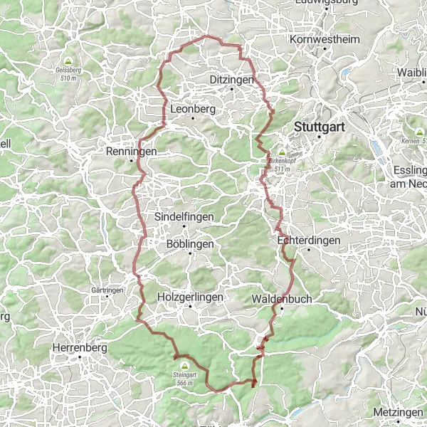 Map miniature of "The Ultimate Gravel Challenge" cycling inspiration in Stuttgart, Germany. Generated by Tarmacs.app cycling route planner