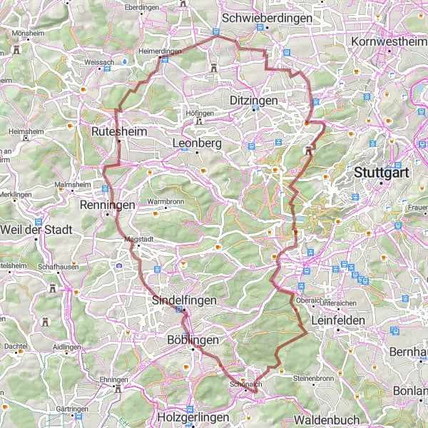 Map miniature of "Serene Gravel Trails" cycling inspiration in Stuttgart, Germany. Generated by Tarmacs.app cycling route planner