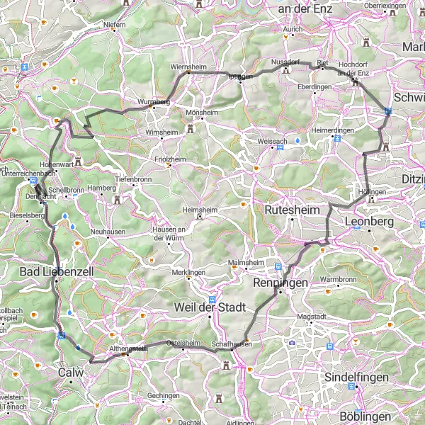 Map miniature of "The Gebersheim Loop" cycling inspiration in Stuttgart, Germany. Generated by Tarmacs.app cycling route planner