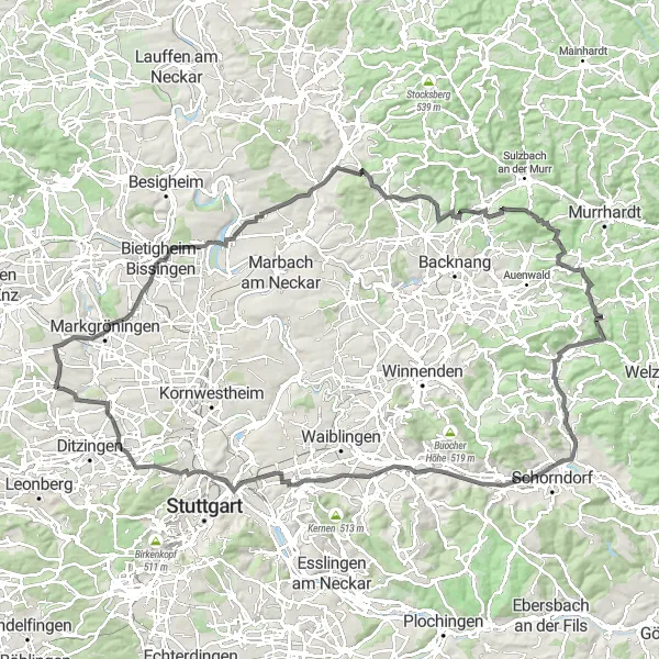 Karten-Miniaturansicht der Radinspiration "Rundtour durch idyllische Landschaften" in Stuttgart, Germany. Erstellt vom Tarmacs.app-Routenplaner für Radtouren