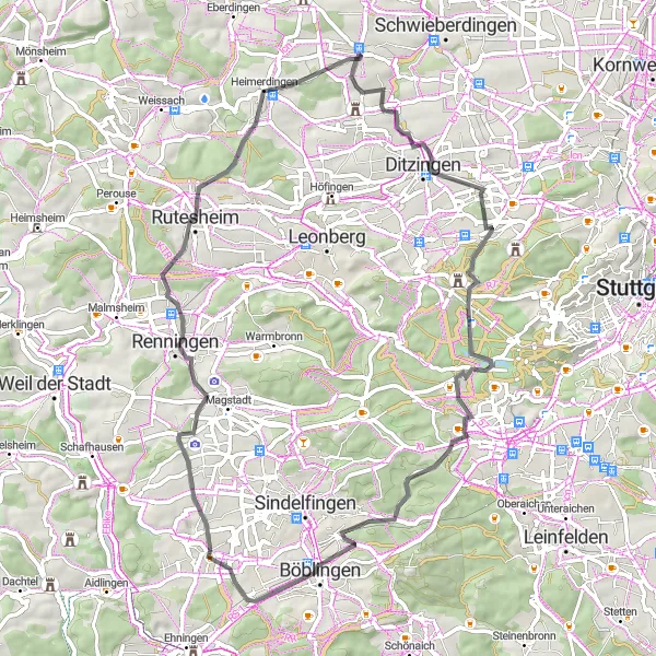 Karten-Miniaturansicht der Radinspiration "Schlösser und Panoramen: Roadtrip rund um Hemmingen" in Stuttgart, Germany. Erstellt vom Tarmacs.app-Routenplaner für Radtouren