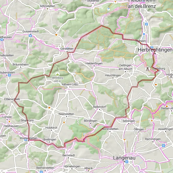 Map miniature of "The Adventure through Gerstetten" cycling inspiration in Stuttgart, Germany. Generated by Tarmacs.app cycling route planner