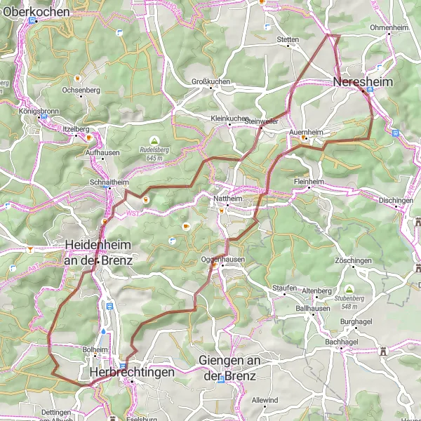 Map miniature of "Herbrechtingen - Dossingen Gravel Loop" cycling inspiration in Stuttgart, Germany. Generated by Tarmacs.app cycling route planner