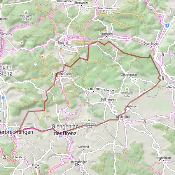 Map miniature of "Scenic Cycling to Dischingen" cycling inspiration in Stuttgart, Germany. Generated by Tarmacs.app cycling route planner