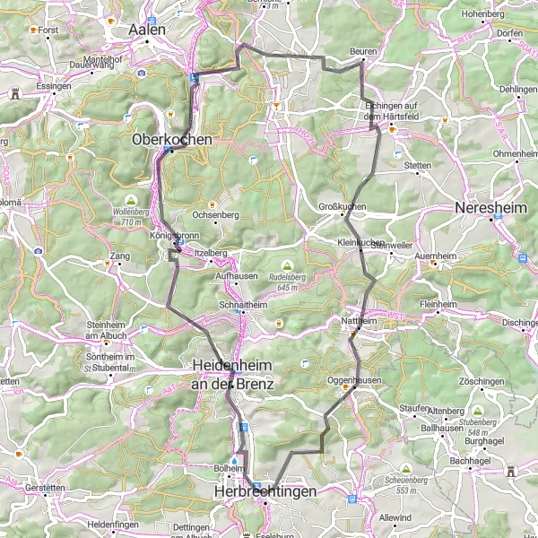 Map miniature of "Herbrechtingen - Heidenheim Circuit" cycling inspiration in Stuttgart, Germany. Generated by Tarmacs.app cycling route planner