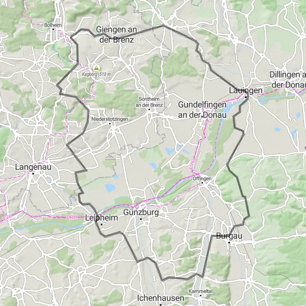 Map miniature of "Giengen and the Scenic Countryside" cycling inspiration in Stuttgart, Germany. Generated by Tarmacs.app cycling route planner