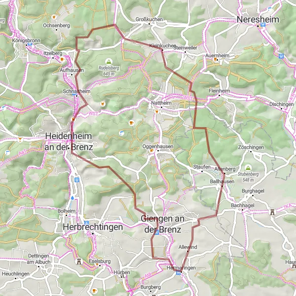 Karten-Miniaturansicht der Radinspiration "Rundweg um Hermaringen auf unbefestigten Straßen" in Stuttgart, Germany. Erstellt vom Tarmacs.app-Routenplaner für Radtouren