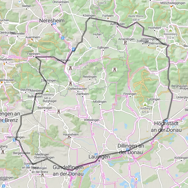 Karten-Miniaturansicht der Radinspiration "Scheuenberg - Dillingen - Gundelfingen an der Donau Radrundweg" in Stuttgart, Germany. Erstellt vom Tarmacs.app-Routenplaner für Radtouren