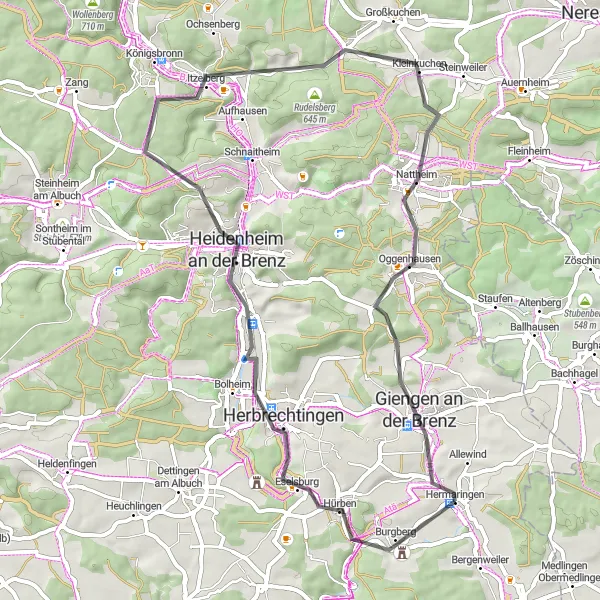 Karten-Miniaturansicht der Radinspiration "Kagberg - Herbrechtingen - Giengen Tour" in Stuttgart, Germany. Erstellt vom Tarmacs.app-Routenplaner für Radtouren